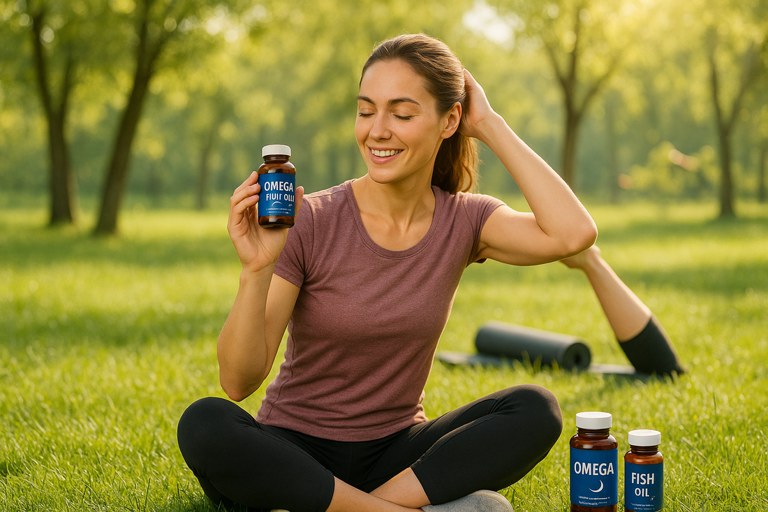 Healthy young woman sitting on green grass holding Omega-3 fish oil supplement bottle, surrounded by nature, symbolizing brain clarity and joint health.