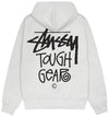 Stüssy Ash Grey Tough Gear Hooded Sweatshirt – Graphic Pullover with Front and Back Branding