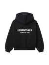 Black Fear of God Essentials Kids fleece hoodie with logo details from THE EA STORE, soft and comfortable for children.