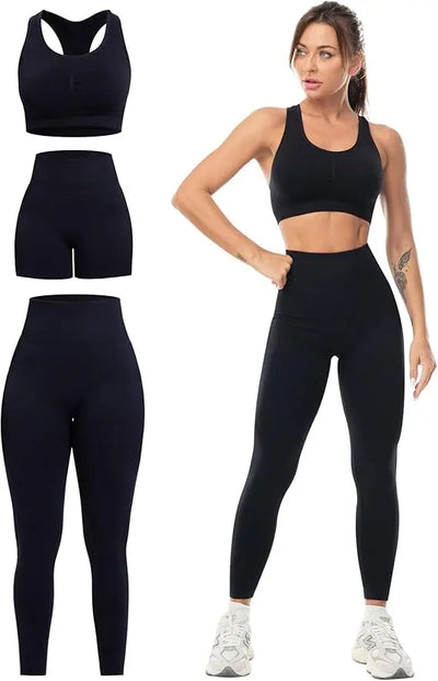 3 Piece Workout Sets for Women Butt Lifting Leggings with High Impact Sports Bra Gym Shorts THE EA STORE