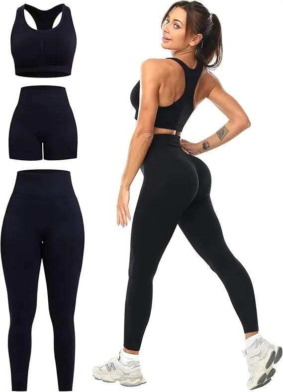 3 Piece Workout Sets for Women Butt Lifting Leggings with High Impact Sports Bra Gym Shorts THE EA STORE