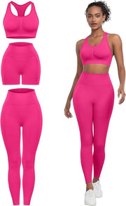 3 Piece Workout Sets for Women Butt Lifting Leggings with High Impact Sports Bra Gym Shorts THE EA STORE