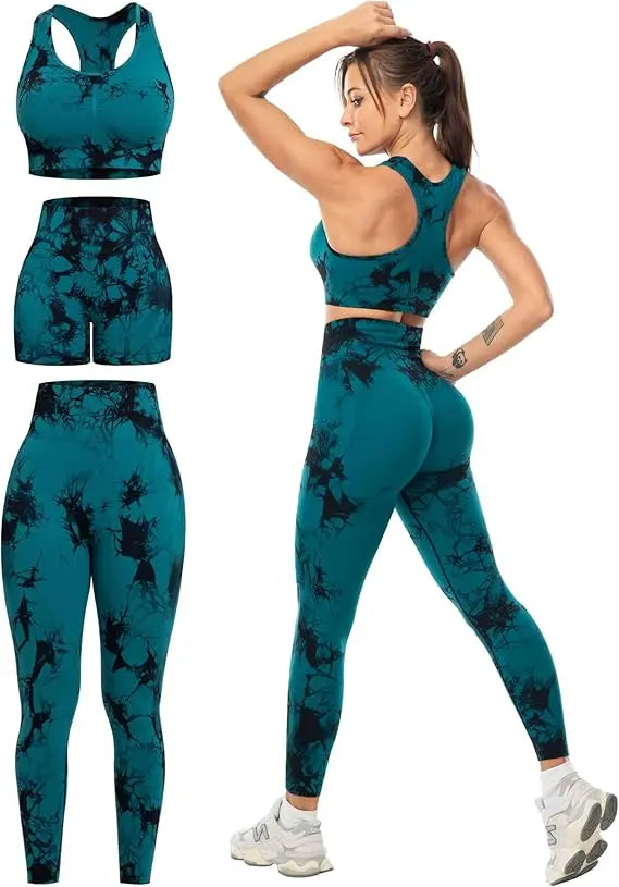 3 Piece Workout Sets for Women Butt Lifting Leggings with High Impact Sports Bra Gym Shorts THE EA STORE