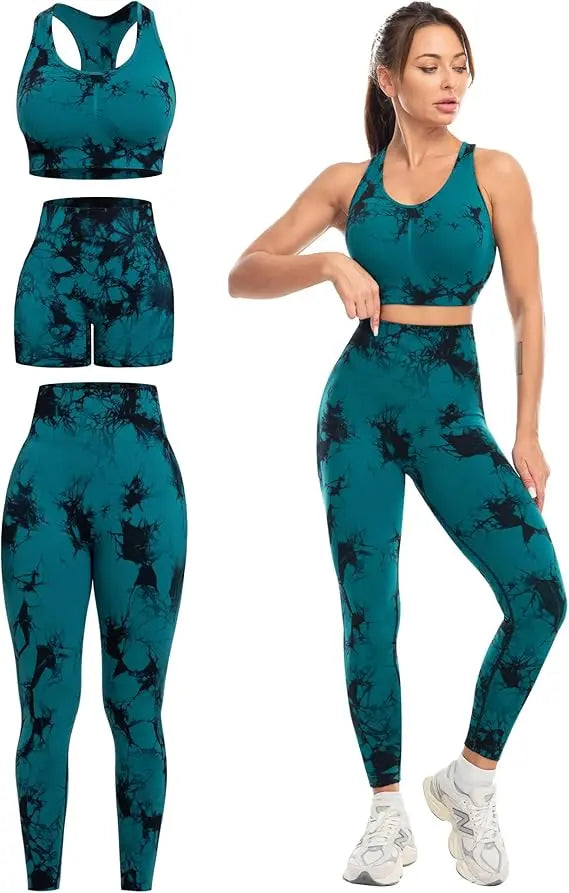 3 Piece Workout Sets for Women Butt Lifting Leggings with High Impact Sports Bra Gym Shorts THE EA STORE