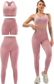 3 Piece Workout Sets for Women Butt Lifting Leggings with High Impact Sports Bra Gym Shorts THE EA STORE