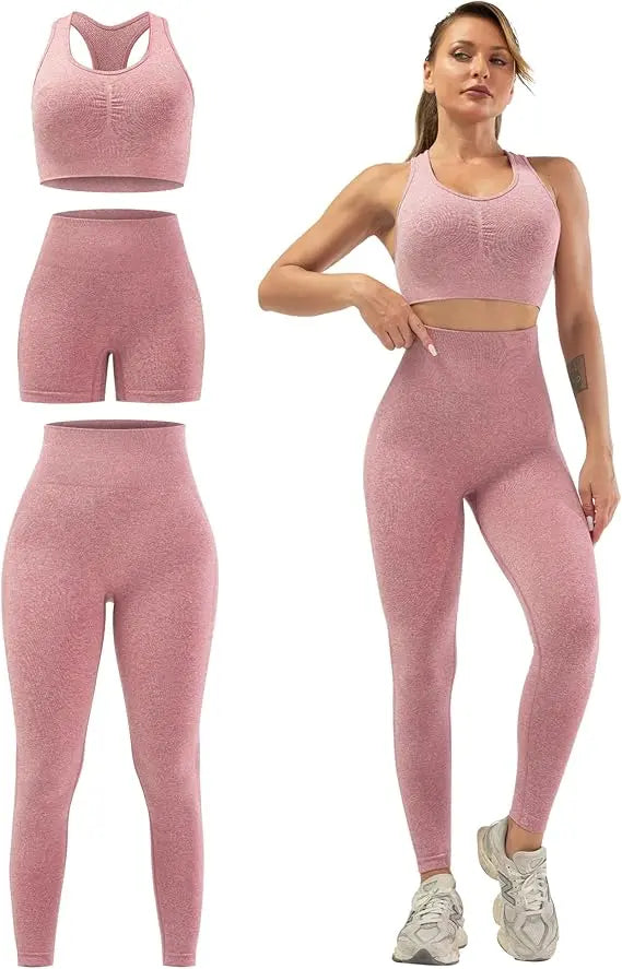 3 Piece Workout Sets for Women Butt Lifting Leggings with High Impact Sports Bra Gym Shorts THE EA STORE