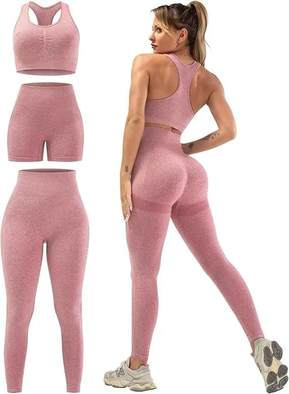 3 Piece Workout Sets for Women Butt Lifting Leggings with High Impact Sports Bra Gym Shorts THE EA STORE