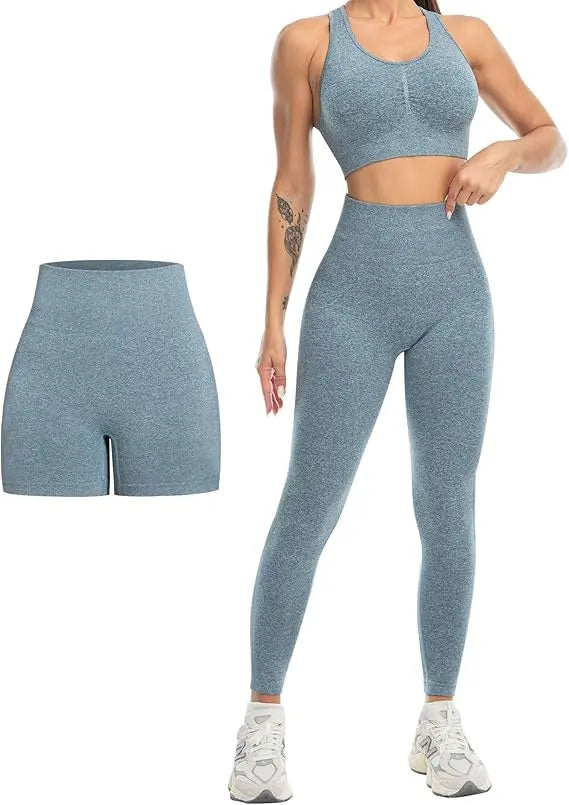 3 Piece Workout Sets for Women Butt Lifting Leggings with High Impact Sports Bra Gym Shorts THE EA STORE