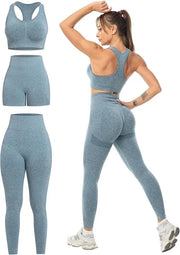 3 Piece Workout Sets for Women Butt Lifting Leggings with High Impact Sports Bra Gym Shorts THE EA STORE