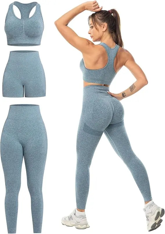 3 Piece Workout Sets for Women Butt Lifting Leggings with High Impact Sports Bra Gym Shorts THE EA STORE