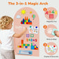 3-in-1 Magic Arch educational tool with a child interacting with it, featuring magnetic fun, write & wipe, and display & decorate functions.
