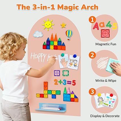 3-in-1 Magic Arch educational tool with a child interacting with it, featuring magnetic fun, write & wipe, and display & decorate functions.