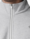 Alo Yoga men's and women's heather grey half-zip sweatshirt with fleece fabric, quarter-zip pullover, casual athletic style.