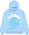 Light blue Sp5der Web Hoodie from THE EA STORE, authentic Young Thug streetwear pullover with Sp5der Essential branding.