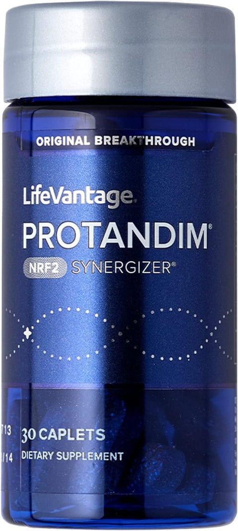 Blue supplement bottle labeled 'Protandim' by LifeVantage on a white background