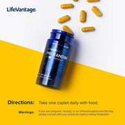 LifeVantage ProTandim supplement bottle with capsules on a yellow and white background
