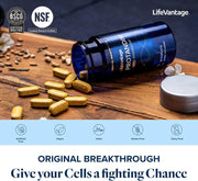 LifeVantage ProTANDIM-D supplement bottle with pills on a wooden surface, featuring NSF and BSCG logos.