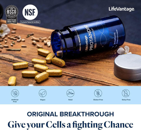 LifeVantage ProTANDIM-D supplement bottle with pills on a wooden surface, featuring NSF and BSCG logos.