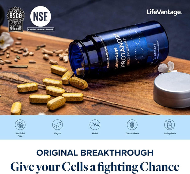 LifeVantage ProTANDIM-D supplement bottle with pills on a wooden surface, featuring NSF and BSCG logos.