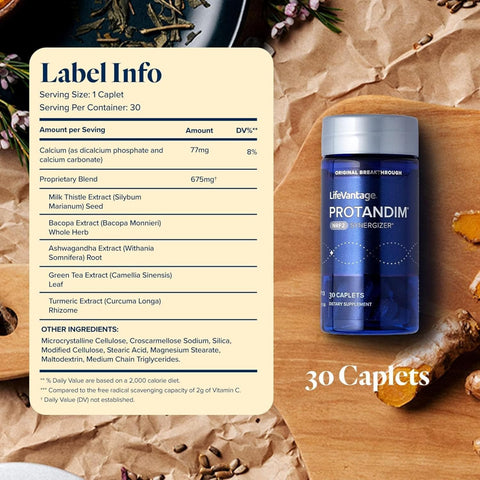 LifeVantage Protandim supplement bottle with label information on a wooden surface.