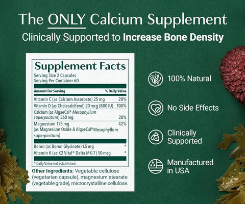 Algaecal Calciuim Supplement Facts with 16 nutrients clinically shown to support bone density. EA
