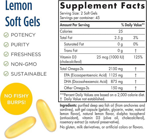Lemon soft gel supplement label with nutritional information and product features.