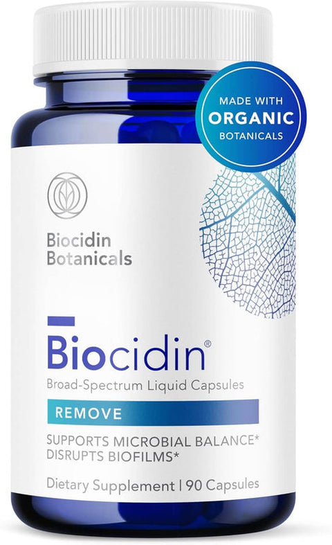 Biocidin Botanicals dietary supplement bottle with white cap and blue label.