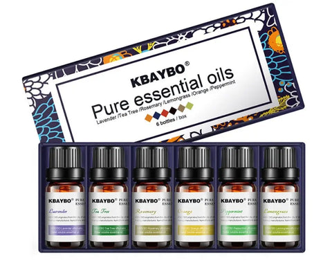6 glass bottles of essential oils, arranged in a black tray with a label 'KBAYBO Pure essential oils'.