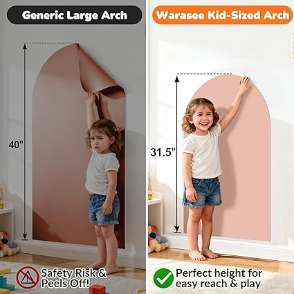 Comparison of a generic large arch and a Warasee kid-sized arch with a child demonstrating the height difference.