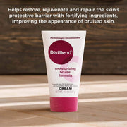 DerMend moisturizing bruise formula cream tube on a wooden surface with text about skin care benefits.
