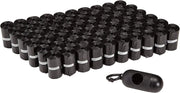 Disposable dog poop bags with leak proof design, unscented, including dispenser and leash clip holder.