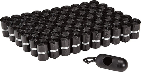 Disposable dog poop bags with leak proof design, unscented, including dispenser and leash clip holder.