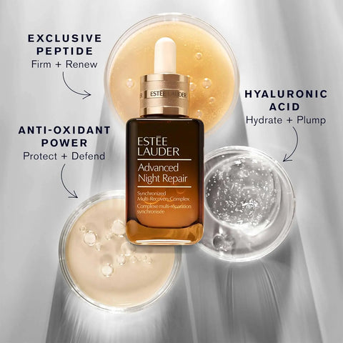 Estee Lauder Advanced Night Repair Synchronized Recovery Complex Serum with peptides for anti-aging care.