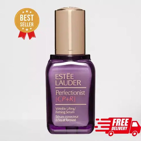 Perfectionist CP+R wrinkle lifting firming serum. Best seller badge on top free delivery on bottom.
