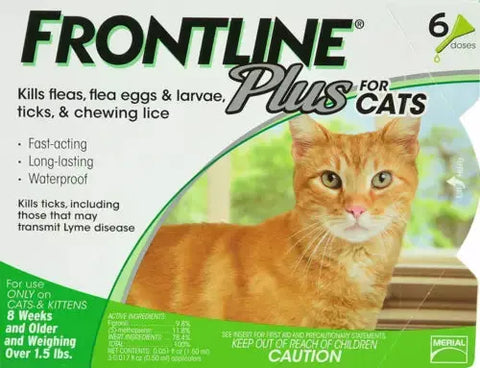 FRONTLINE Plus Flea & Tick Treatment for Cats packaging with orange cat image; fast-acting, waterproof, and long-lasting formula.