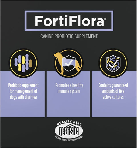 FortiFlora canine probiotic supplement packaging NARIC certification 