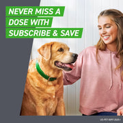 Woman petting a dog with promotional text 'Never miss a dose with subscribe & save' on a gray background.