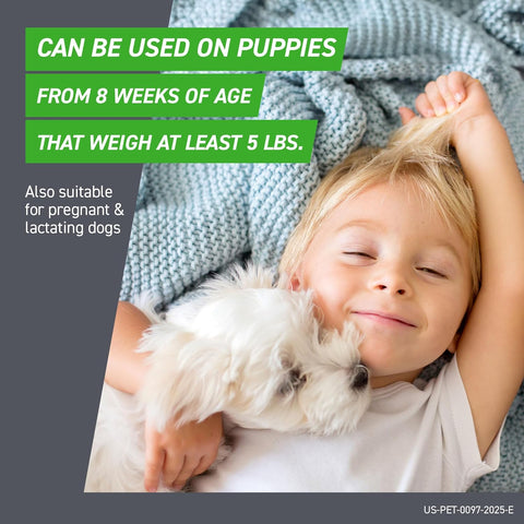 Safe and effective flea treatment for dogs—child holding puppy, label shows use from 8 weeks old & 5 lbs weight. EA Store.