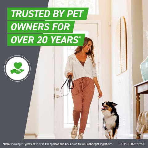 Woman walking with a dog and text about FRONTLINE Plus Flea Treatment for Dogs trust over 20 years. EA Store.