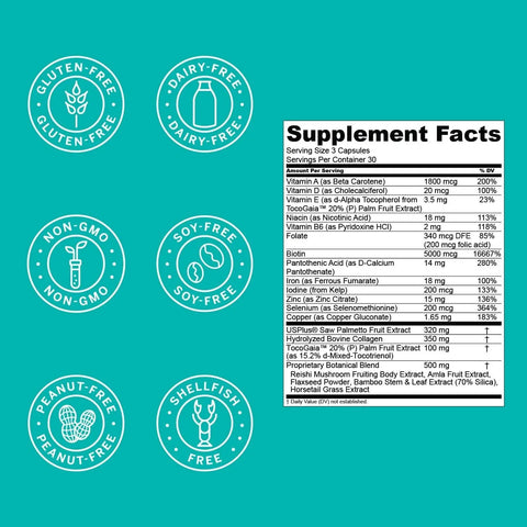 Hair Vitamins by Hair La Vie Supplement Facts panel for daily hair nutrition and improved thickness.