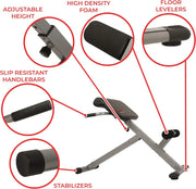 Hyperextension Roman Chair with leg rollers and nonslip handlebars for secure home gym training.