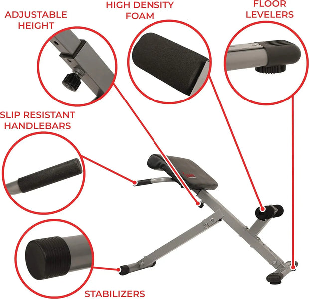 Hyperextension Roman Chair with leg rollers and nonslip handlebars for secure home gym training.