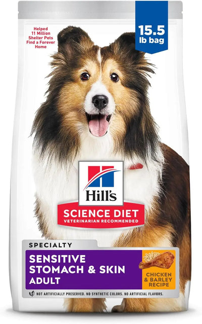 Hill’s Science Diet Sensitive Stomach and Skin Dog Food 15.5lb front packaging with chicken recipe label.
