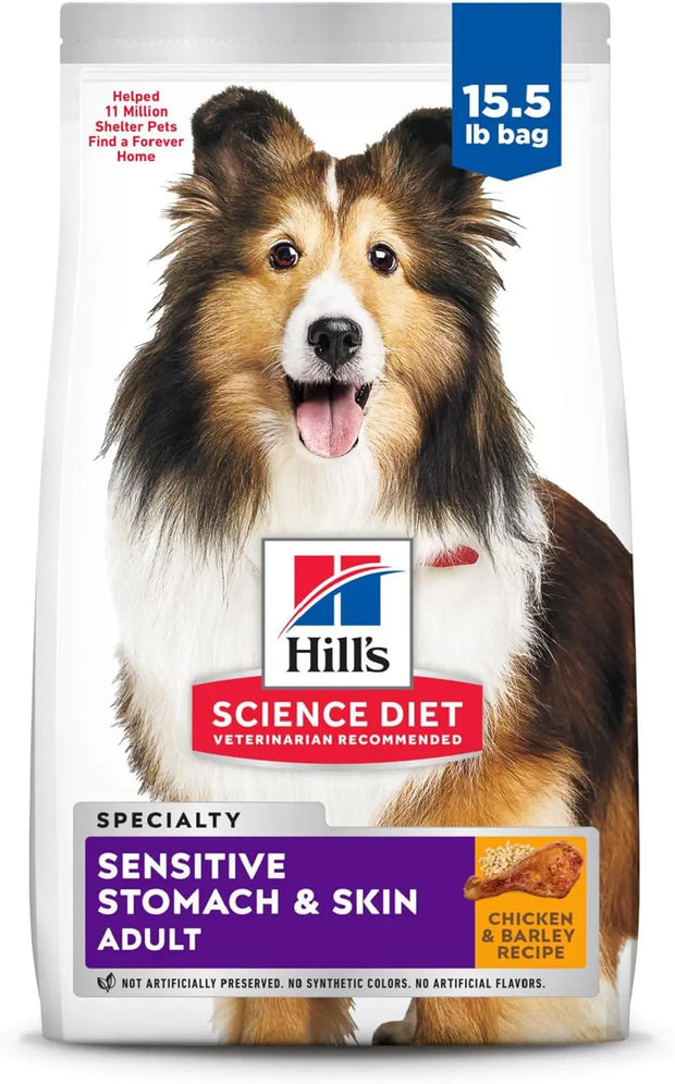 Hill’s Science Diet Sensitive Stomach and Skin Dog Food 15.5lb front packaging with chicken recipe label.