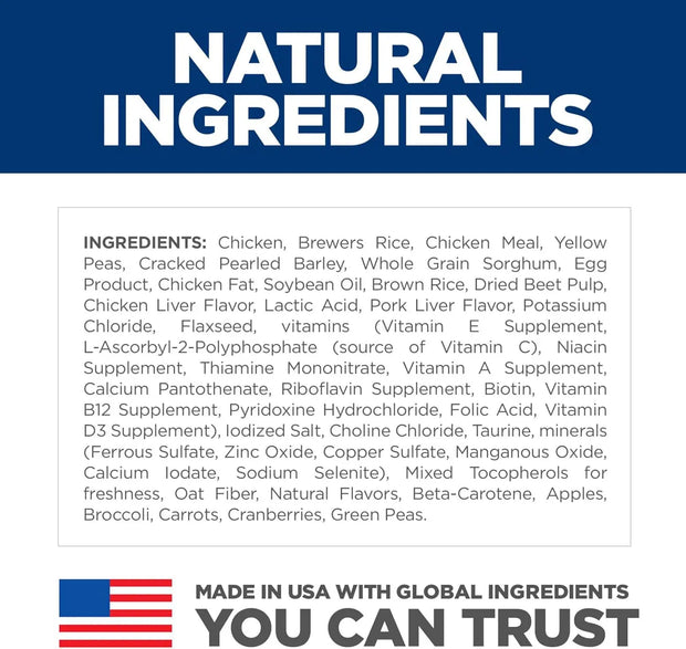 Close‑up of natural ingredients label on Hill’s Science Diet Sensitive Stomach and Skin Dog Food highlighting prebiotics and omega‑6.