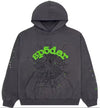 Sp5der charcoal grey hoodie with slime green web design, authentic Young Thug streetwear pullover by THE EA STORE.