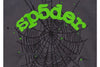 Charcoal grey Sp5der hoodie with slime green web design, young Thug streetwear pullover, authentic Sp5der Essential by THE EA STORE
