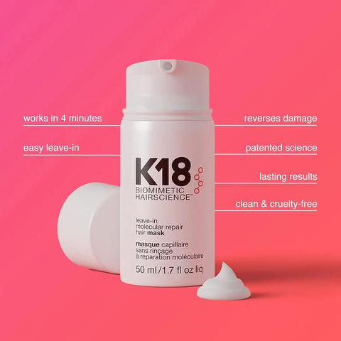 K18 hair mask bottle showing 4-minute repair, leave-in use, and no-rinse formula benefits.