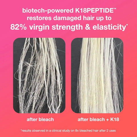 Visual comparison of bleached hair before and after using K18 leave-in repair mask. The EA Stores.