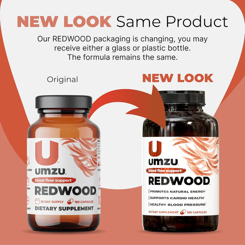 Two versions of Umzu Redwood supplement bottles, one labeled 'Original' and the other 'New Look', on a peach background.
